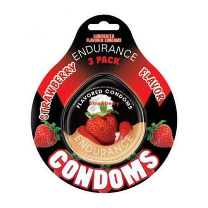 Hott Products Strawberry Flavored Endurance Condoms 3 Pack - Latex Lubricated Oral Pleasure Enhancers