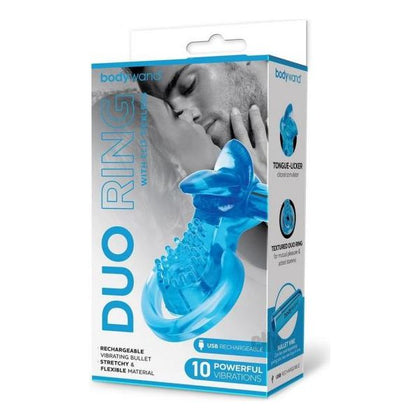 Bodywand Recharge Duo Vibrating Ring: Model W/tickler Blu - Couples Stimulator for Mutual Pleasure - Blue