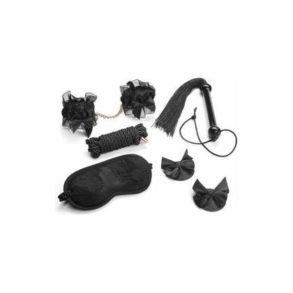 Secret Kisses Midnight Special Bondage Set - Elegant Black Sheer Cuffs, Rope, Blindfold, Whip, and Bowtie Nipple Pasties for Sensual Role Play and Intimate Pleasure