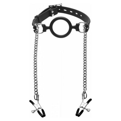 Mutiny Silicone O-Ring Gag With Nipple Clamps - Dual Feature BDSM Toy for Open Mouth Play - Model M-109 - Unisex - Intense Pleasure for Nipples - Black - Adult Naughty Store