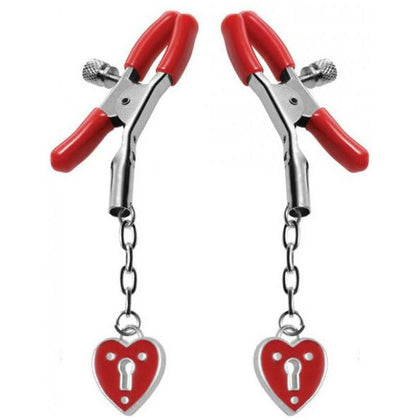 Introducing the Seductress Series - Charmed Heart Padlock Nipple Clamps: Model SNC-2021, Female, Nipple Stimulation, Red