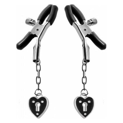 Introducing the Exquisite Charmed Heart Padlock Nipple Clamps - Model X123, Black - For Him and Her, Unleash Pleasure and Passion! - Adult Naughty Store