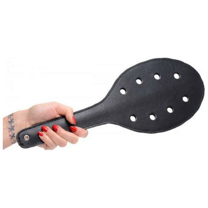 Introducing the Exquisite Pleasure Co. Spanking Rounded Paddle With Holes Black - Model SP-2001B - Unisex - Enhanced Sensation for Intense Impact Play
