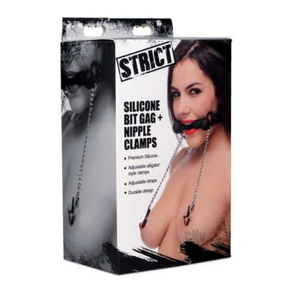 Strict Fetish Fantasy Bit Gag with Nipple Clamps - Model SBF-1001 - Unisex BDSM Toy for Nipple Stimulation - Black - Adult Naughty Store