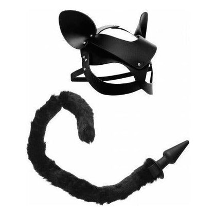 Black Leather Cat Tail Anal Plug and Mask Set - Model X123 - Unisex BDSM Fetish Kit