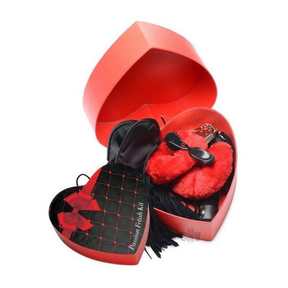 Passion Fetish Kit: Frisky Red Faux Suede Flogger, Lockable Fuzzy Hand Cuffs, Satin Blindfold, and Devil Pinwheel - Ultimate BDSM Experience for Couples