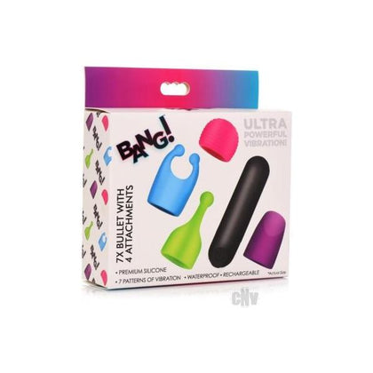 Bang Recharge Bullet W-attachments - Powerful Rechargeable Bullet with 4 Glow-In-The-Dark Attachments for Stimulating Pleasure - Model BRB-200 - Unisex - Multiple Pleasure Areas - Vibrant Pur - Adult Naughty Store