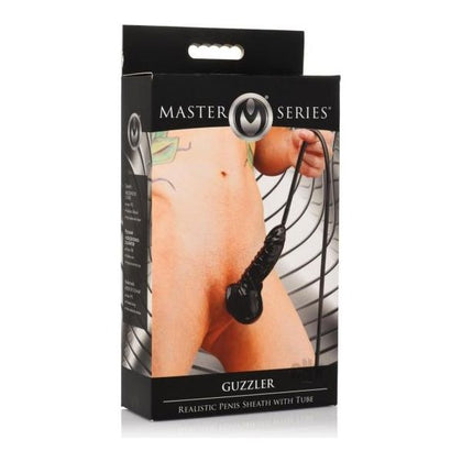 Introducing the Guzzler Black Latex Penis Sheath and Tube - Model GS-2000: The Ultimate Pleasure Enhancer for Men and Women in Water Sports!