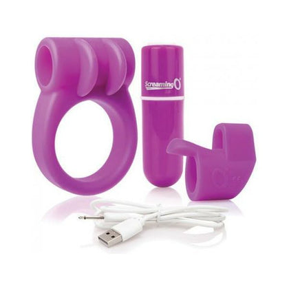 Introducing the Charged Combo Kit #1 by Screaming O: The Ultimate Pleasure Experience for Couples - Vibrating C Ring & Finger Sleeve in Sensational Purple