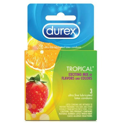 Durex Tropical 3 Pack Latex Condoms: Vibrant Variety for Sensual Pleasure - Apple, Orange, Strawberry, and Banana Flavored and Scented Condoms for Men and Women