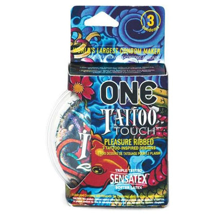 ONE Tattoo Touch Ribbed Latex Condoms 3 Pack - Pleasure Enhancing, Model TTR-3, Male, Intensified Stimulation, Black