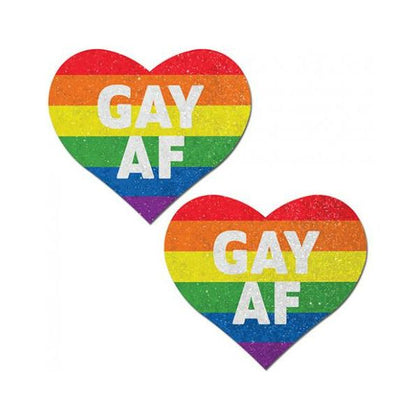 Glitter Rainbow Gay AF Hearts Pastease - Handmade Velvet Heart Nipple Pasties for LGBTQ+ Community - Model: Love Rainbow GAY AF - Waterproof Adhesive - 3