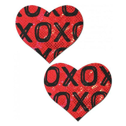 Glitter XOXO Heart Red Black O-S Pastease: Hand-Made Heart-Shaped Nipple Pasties for Women, Perfect for Sensual Intimate Moments, Size O-S