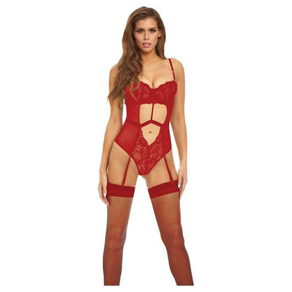 Bombshell Boudoir Strap Overlay Teddy Red Md - Sensual Women's Lingerie - Model BB-STRAPRED-MD - Intimate Pleasure - Size Medium