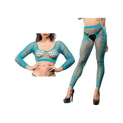 Beverly Hills Naughty Girl Crotchless Front Mesh & Side Design Leggings - Turquoise, O/S, Women's Lingerie, Model NG-CL-001, Intimate Pleasure, Size 3-14