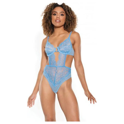 Elegant Intimates Scallop Stretch Lace & Sheer Mesh Teddy - Model LS-2021, Women's Lingerie for Sensual Front V Cut Out, Blue, Size Large