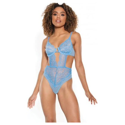 Elegant Intimates Scallop Stretch Lace & Sheer Mesh Teddy - Model LS-2021, Women's Lingerie for Sensual Front V Cut Out, Blue, Size Large - Adult Naughty Store