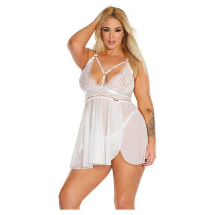 Coquette Black Label Net & Scallop Lace Babydoll with Side Slit & Thong - Model 2021XL - Women's Intimate Lingerie for Seductive Comfort - White, OS/XL