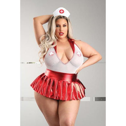 Play Pulse Check Collared Teddy Lingerie Set - Model PT-001X2X - Women's Open Back, Pleated Skirt, Medic Hat & Pasties - Red/White - Size 1X/2X - Adult Naughty Store