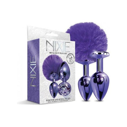 Introducing the Nixie Metal Butt Plug Set W-jewel Inlaid & Pom Pom - Purple Metallic: The Ultimate Pleasure Experience for All Genders!