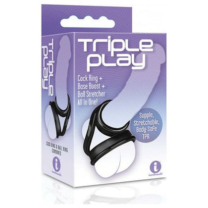 Introducing the Triple Play Cock Ring, Base Boost, and Ball Stretcher Black: The Ultimate Support and Pleasure Enhancer for Men