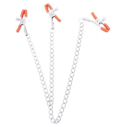 Icon Brands The Nines Triple Pleasure Nipple & Clitoral Clamps Chain - Model XYZ - Women's Silver & Orange Metal BDSM Toy