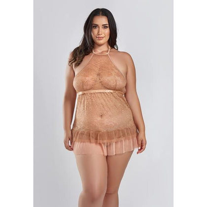 Amber Lace Halter Babydoll with Pleated Mesh Skirt Hem & G-String - Brown 3X - Women's Plus Size Lingerie