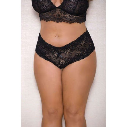 iCollection Lace and Pearl Boyshorts with Satin Bow Accents - Model 1X-2X - Women's Plus Size Lingerie - Black - Waist 35