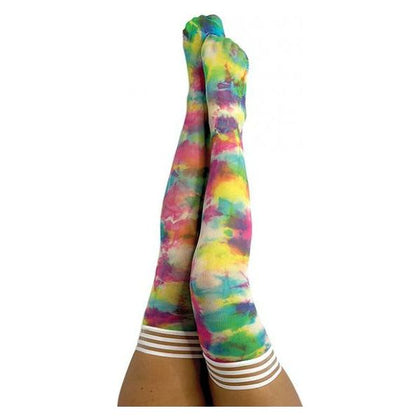 Kix'ies Gilly Tie-Dye Thigh Highs C140-240+ lbs, 4'11''-5'5'', Up to 30in Thigh Circumference, Multi-Colored Rainbow Tie Dye Pleasure Lingerie