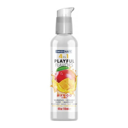 Swiss Navy 4 In 1 Playful Flavors Mango Sensual Massage Oil and Lubricant - Sensation SF-001 for Women - Exotic Mango - 4 Oz