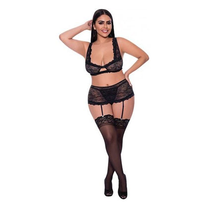 Exposed by Magic Silk Ooh La Lace Bralette, Garter Skirt & G-string Black Qn - Sensual Intimates for Women - Exquisite Lace Lingerie Set for Queen Size (20-24) - Adult Naughty Store