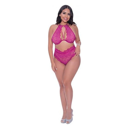 Exposed by Magic Silk Berrylicious Lace Halter Top & Panty Pink Qn - Women's Plus Size High Waisted Lingerie Set for Seductive Comfort and Style