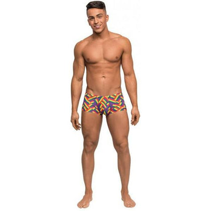 Male Power Pride Fest Contoured Pouch Mini Shorts Rainbow XL - Stylish and Supportive Men's Rainbow Herringbone Print Low Rise Mini Shorts for Enhanced Comfort and Confidence