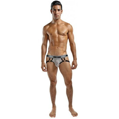 Male Power Peep Show Jock Strap Ring - White, L/XL, Open Rear, Nylon/Spandex, Waist 36