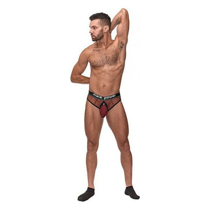 Male Power Cock Pit Fishnet Cock Ring Thong Red L/XL - Men's Ultra-Breathable Micro Mesh Windowpane Lingerie for Sensational Pleasure (Model CP-123456) - Adult Naughty Store