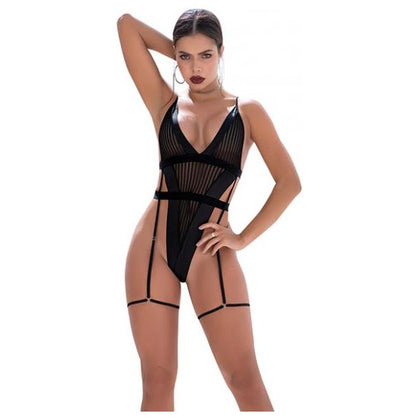 Introducing the Seductiva Shadow Panel Bodysuit: Exquisite Design with W-Hook & Eye Crotch Closure & Attached Garters - Black (M/L) - Adult Naughty Store