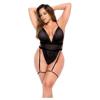 Exquisite Empowerment: Shadow Panel Bodysuit with Hook & Eye Crotch Closure, Garters - Black (1X/2X) - Adult Naughty Store