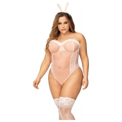 Seductive Bunny Lingerie Set - Underwire Bodysuit with Lace-Up Back & Feather Detail - Pink - 3X/4X - Adult Naughty Store