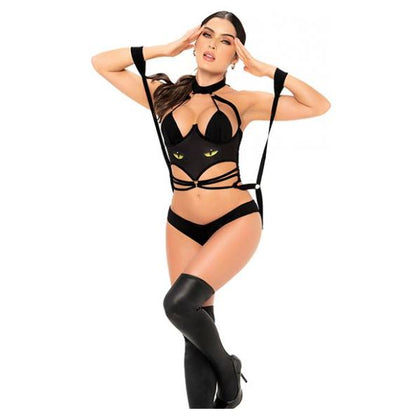 Lustful Kitty Cat Women's Lingerie Bodysuit with Attached Wrist Straps - Model E-345XL - Black L/XL - Adult Naughty Store