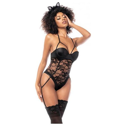 Cat Girl Lace Gartered Bodysuit with Lace-Up Back & Head Piece - Black, L/XL