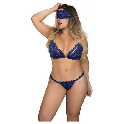 Elegant Intimates Lace Top, Thong, Eye Mask & Lace Cuff Set - Model LTX-2000 - Women's Royal Blue 1x-2x - Seductive Lingerie for Sensual Nights - Adult Naughty Store