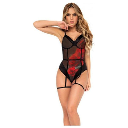 Seductive Intimates Underwire Teddy W-attached Garter Straps & Hook & Eye Crotch Closure Black-Red S-M - Adult Naughty Store