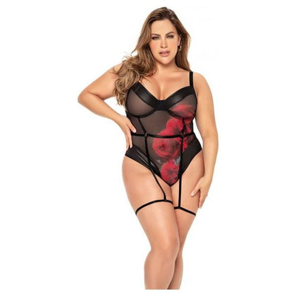 Euphoria Lingerie Women's Black-Red Underwire Teddy with Attached Garter Straps & Hook & Eye Crotch Closure - Model EUP-1234 - Size 1X-2X - Adult Naughty Store