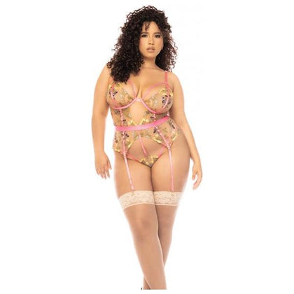Impress your partner with the Seductress Floral Embroidered Teddy from Pink. This alluring 3X-4X lingerie piece features underwire cups, garters, and delicate pink accents.