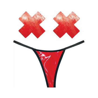 Naughty Knix Vixen Wet Vinyl G-String & Pasties - Red O-s: Sensual Lingerie Set for Women, Perfect for Intimate Pleasure, Size O-s