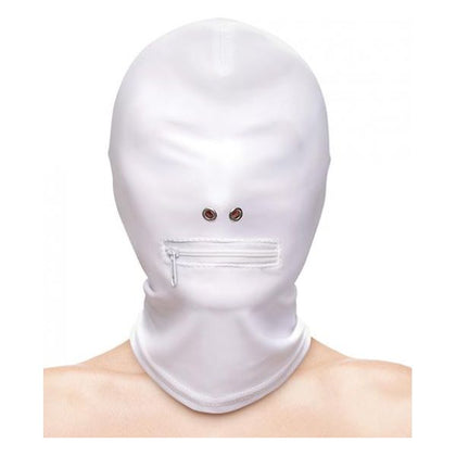 Fetish & Fashion Zippered Mouth Hood Model X27 Unisex Sensory Hood for Provocative Role-Play Sessions in White