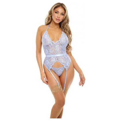 Brunnera Blue Maddy Soft Cup Lace Merrywidow Set with Thong - Women's Bridal Lingerie, Model MD