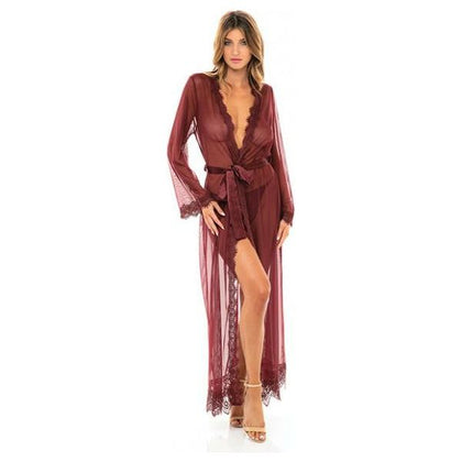 Provence Eyelash Lace Floor Length Robe - Sensual Intimates Lingerie - Model ERF-567 - Women's Seductive Sheer Mesh & Lace Gown - Zinfandel - Size L/XL