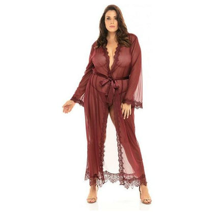 Provence Zinfandel Eyelash Lace Floor Length Robe - Model PELR-Z1X2X - Women's Intimate Lingerie - Sensual Sheer Mesh with Satin Belt - Size 1X-2X - Adult Naughty Store