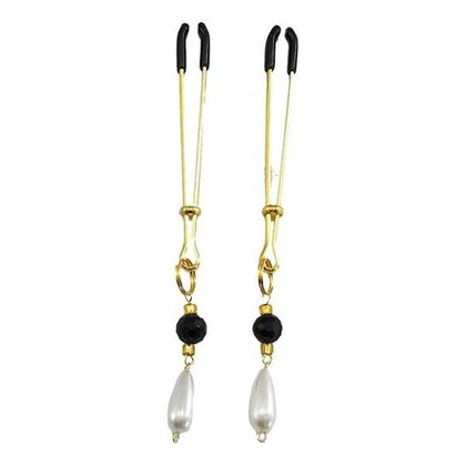 Bijoux De Nip Gold Adjustable Tweezer Nipple Clamps with Black Beads and Pearl Drops - Sensual Lingerie Accessory for Women - Enhances Nipple Pleasure - One Size